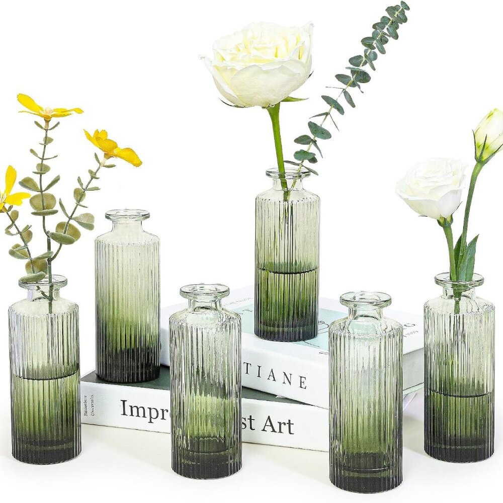 Green Small Mini Flower Bud Vases Set of 6 Bulk for Wedding Décor Centerpiece